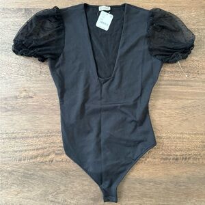 Free People Black Puff Lace Sleeve Bodysuit NWT